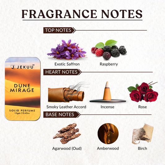 Dune Mirage blends saffron, raspberry, and smoky leather with a rich base of oud and amberwood.