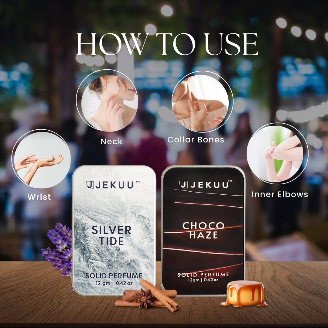 Pulse points like wrists and neck for lasting fragrance.