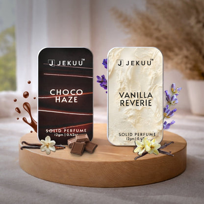 Indulge in Choco Haze and Vanilla Reverie: luxurious solid perfumes for a long-lasting, captivating scent.