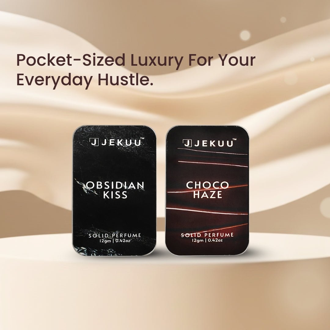 Pocket-sized luxury Jekuu solid perfumes, featuring Obsidian Kiss and Choco Haze, for everyday hustle.