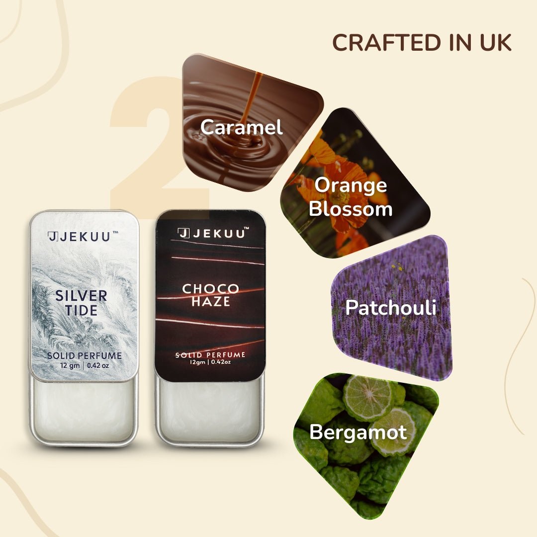 UK-crafted solid perfumes featuring notes of caramel, orange blossom, patchouli, and bergamot.