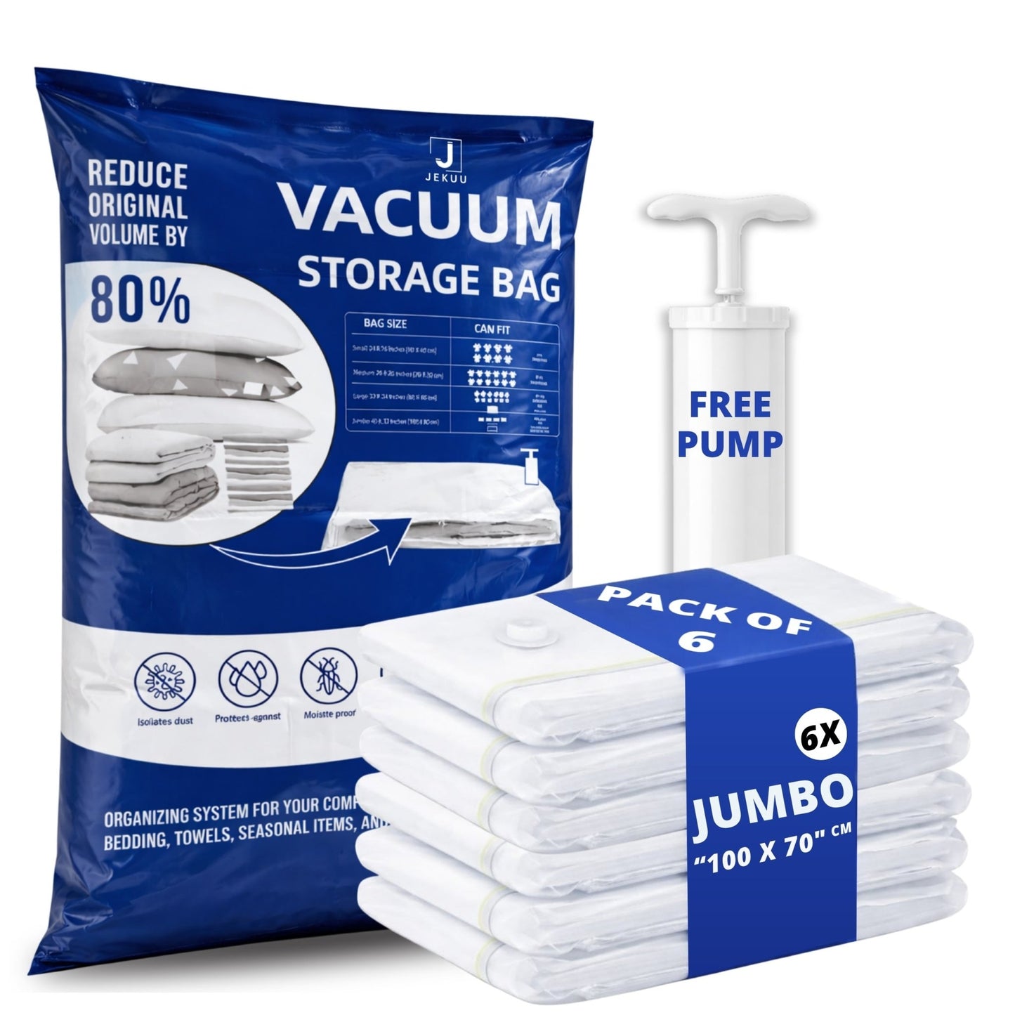 Vacuum Storage Bags 6 Pack Jumbo with Free Hand Pump - JEKUU