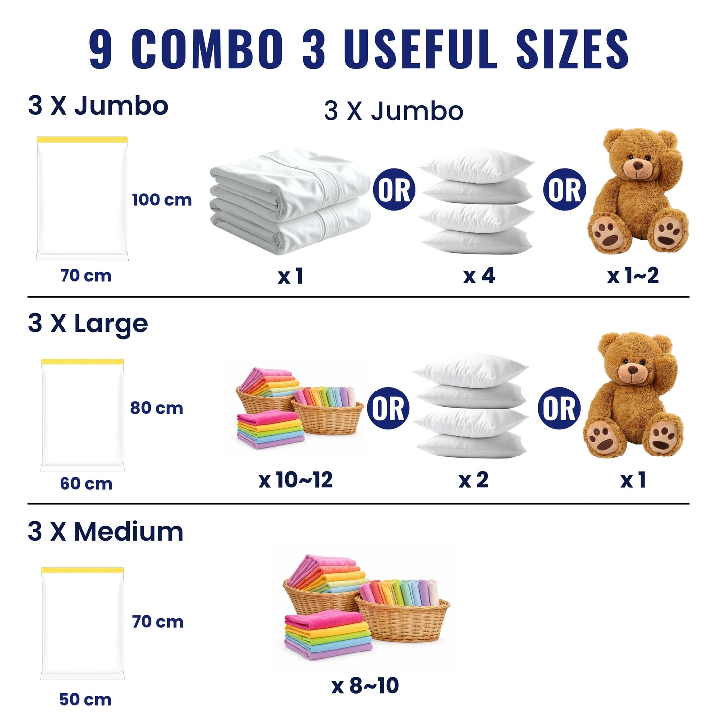 Vacuum Storage Bags Pack of 9 (3 Jumbo/3 Large/3 Medium) with Free Hand Pump