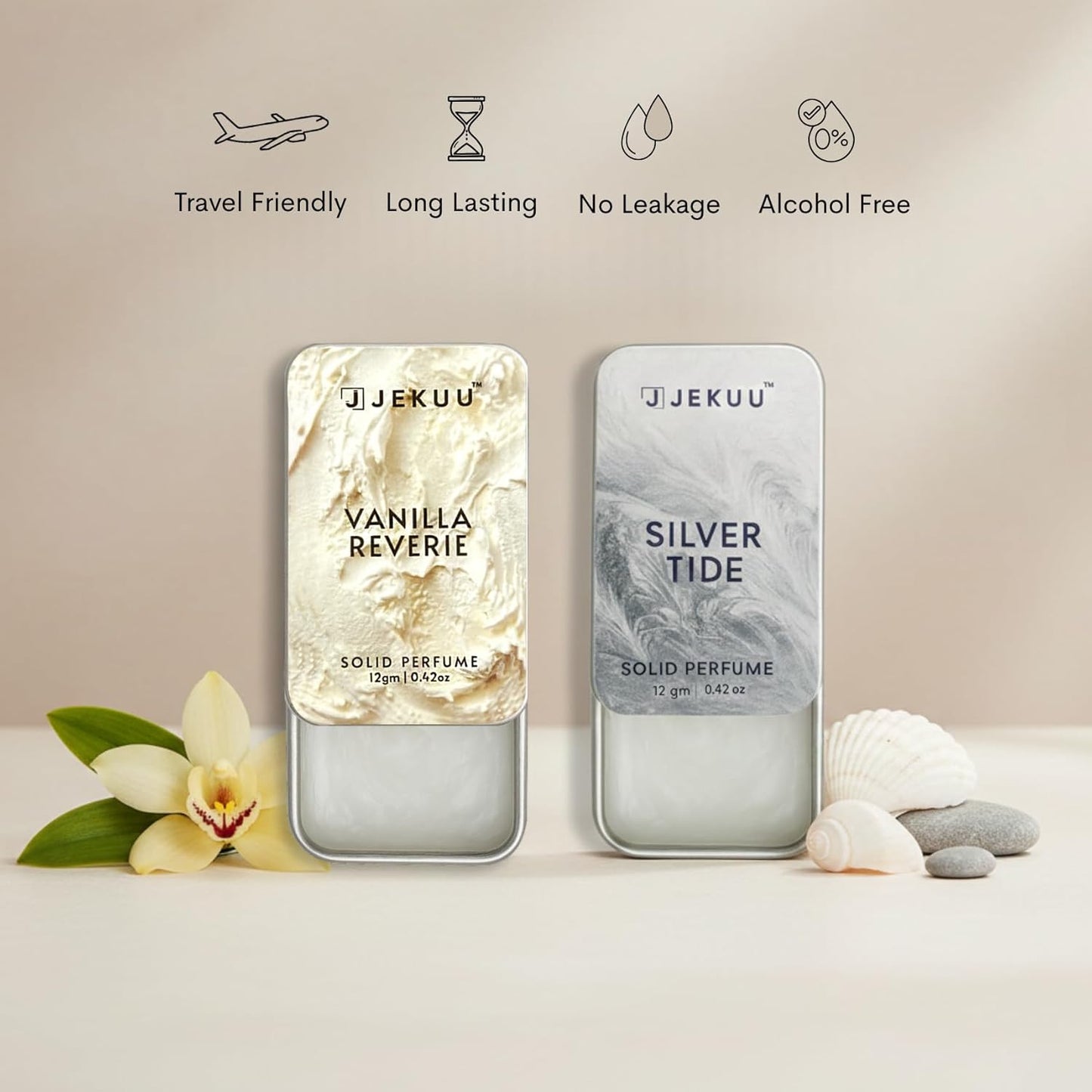 Long-lasting, alcohol-free Jekuu solid perfumes are travel-friendly and leakproof for effortless daily luxury.
