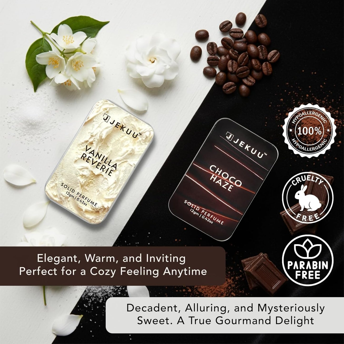 Elegant, cruelty-free solid perfumes offering warm, decadent gourmand scents for a cozy, luxurious feel anytime.
