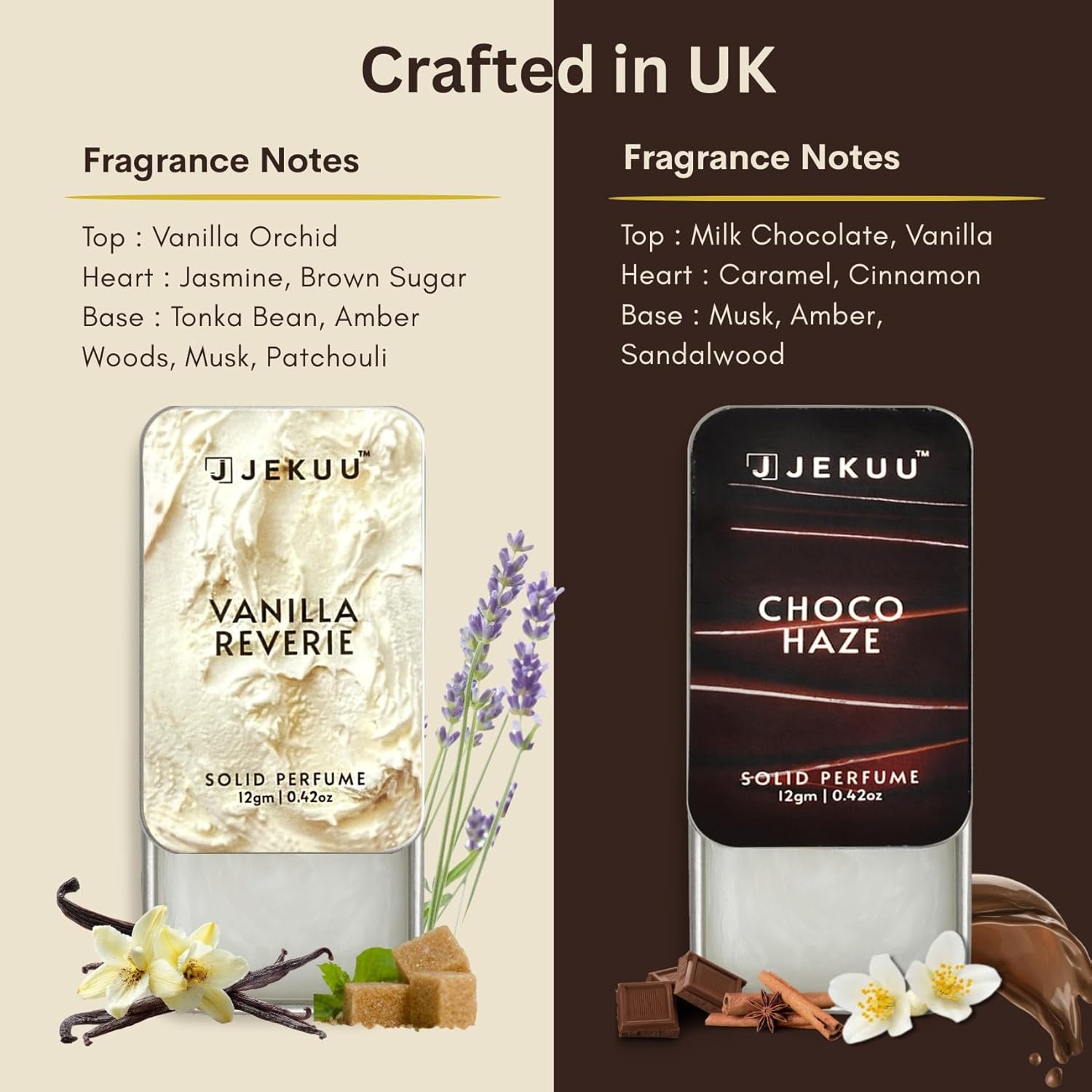 Premium UK-crafted solid perfumes featuring rich notes of vanilla, chocolate, jasmine, and warm amber.