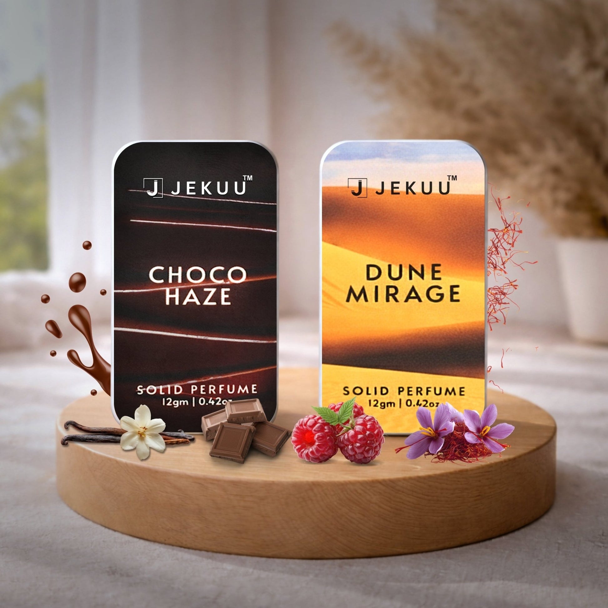 Choco Haze and Dune Mirage: premium solid perfumes for a bold, captivating scent.