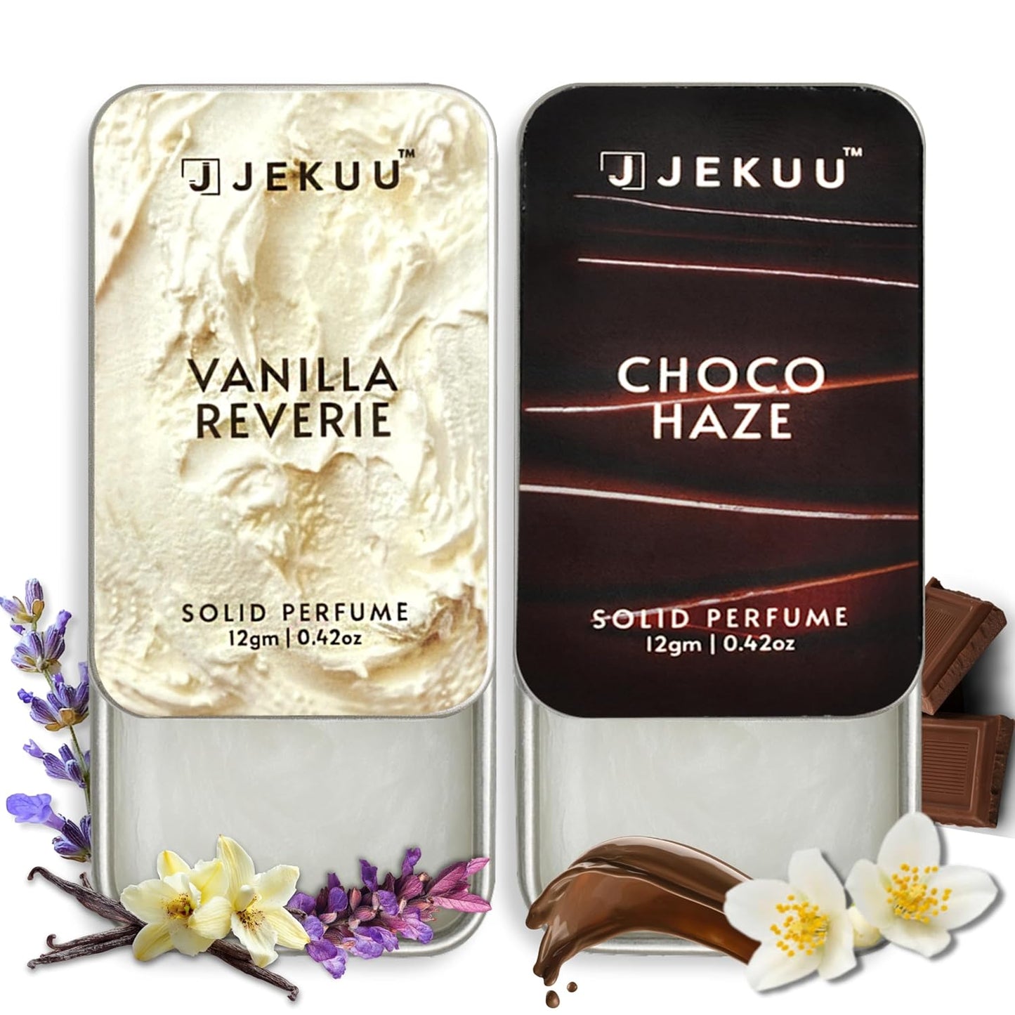 Discover the alluring scents of Choco Haze and Vanilla Reverie in these luxury solid perfumes.