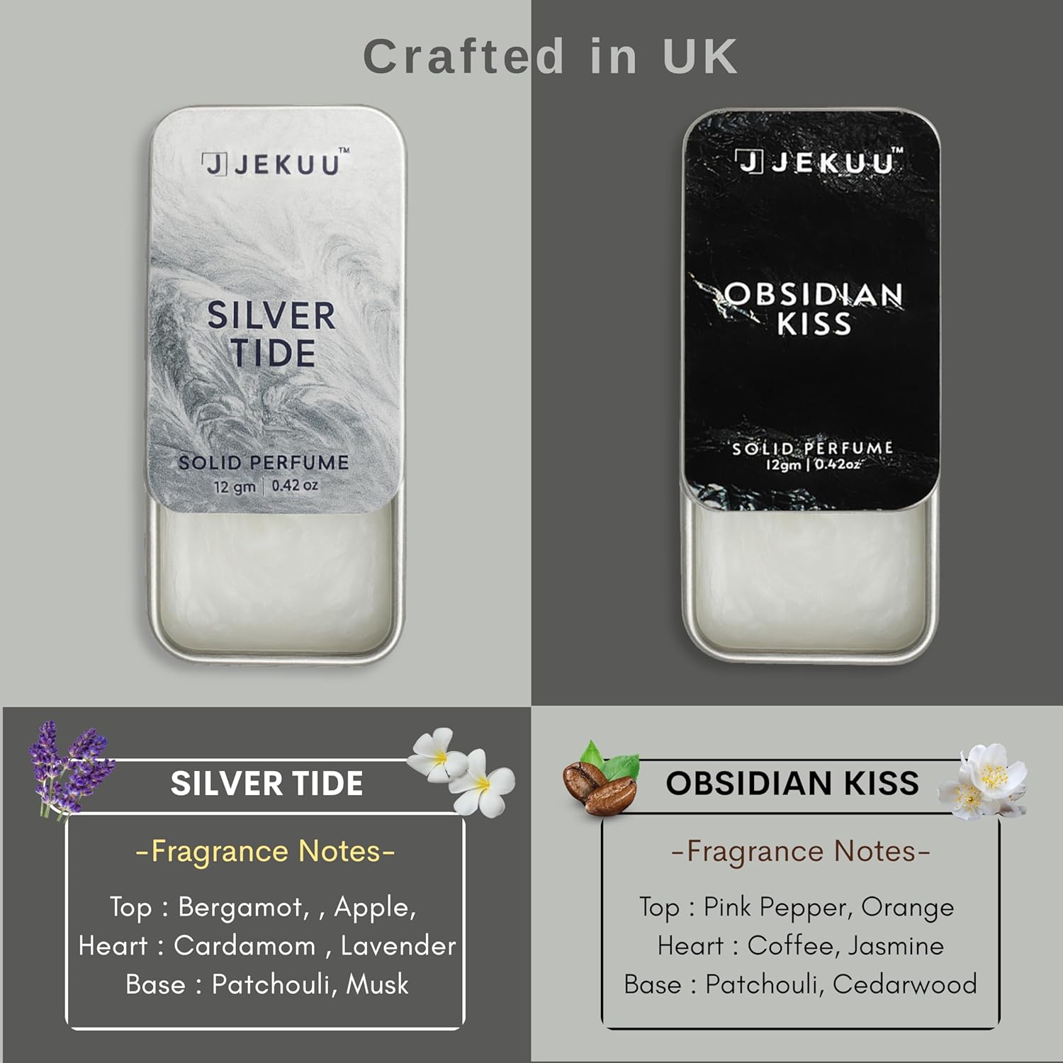 UK-crafted Jekuu solid perfumes featuring aromatic notes of bergamot, coffee, and patchouli