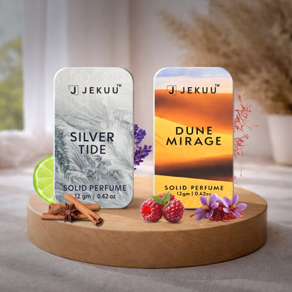 Silver Tide and Dune Mirage solid perfumes offer premium, long-lasting fragrances.