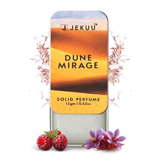 Solid perfume combines exotic saffron, sweet raspberry, and warm woody notes for luxury.