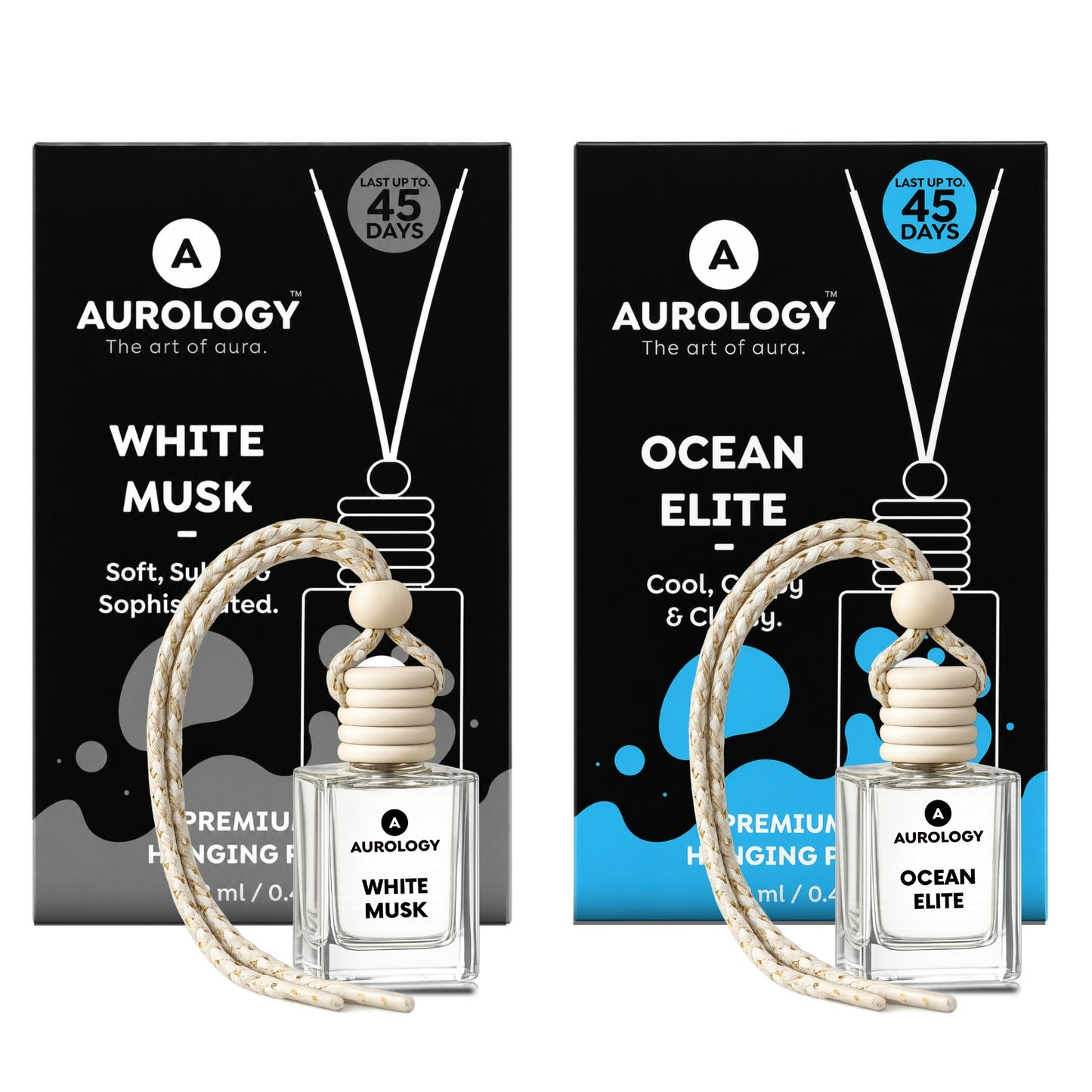 AUROLOGY White Musk Premium & Ocean Elite Premium Hanging Car Perfume | Luxury Car Air Freshener | Long Lasting Up to 45 Days | Natural Essential Oils | Glass Bottle with Wooden Diffuser | 24ml