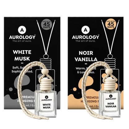 Aurology Premium Hanging Car Perfume | White Musk & Noir Vanilla | Long Lasting Car Air Freshener  | Luxury Wooden Diffuser | Up to 45 Days Freshness  Pack of 2 (24 ml )