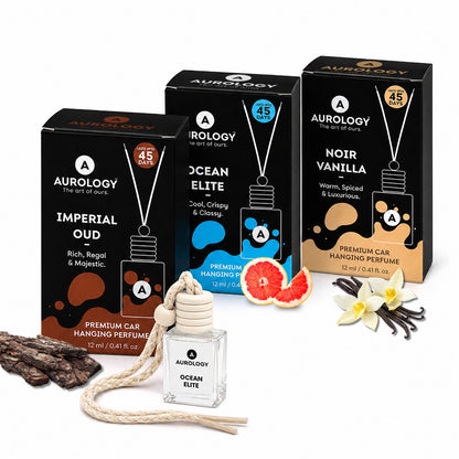 Aurology Noir Vanilla, Imperial Oud & White Musk Car Freshener Diffuser Car Hanging Perfume 12ml (Pack of 3)