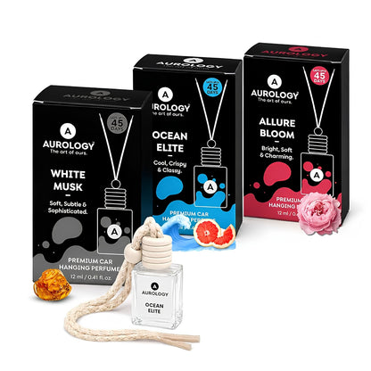 Aurology Allure Bloom & Ocean Elite & White Musk Car Freshener Diffuser Car Hanging Perfume (Pack of 3)12ml