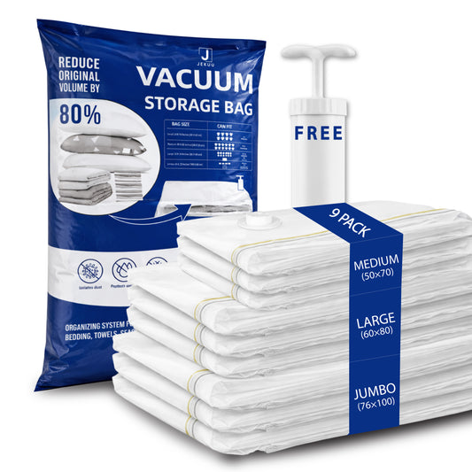 Space Saver Vacuum Bags Pack of 9 (3 Jumbo/3 Large/3 Medium) with Hand Pump & Airtight Valve